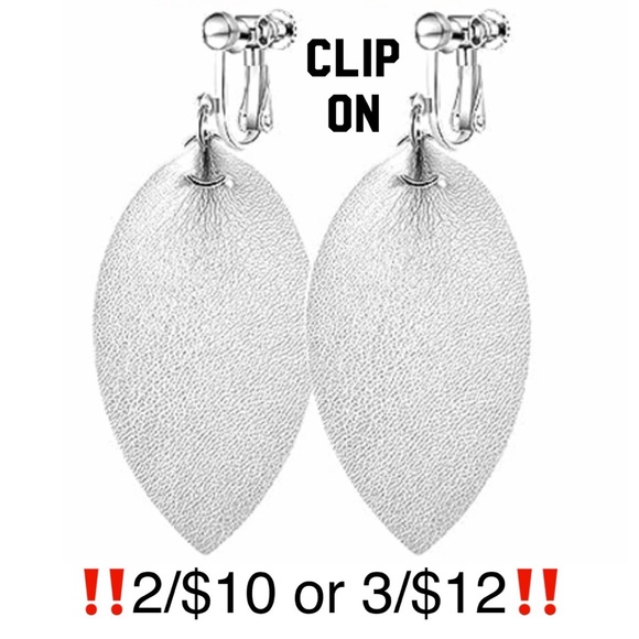 Adjustable Clip On Silver Leaf Shaped Faux Leather Earrings - Picture 1 of 11